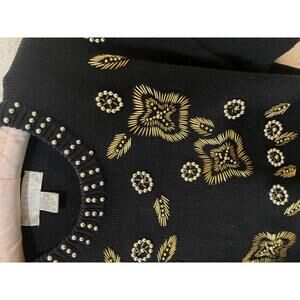 Vintage Western Connection Beaded Knit Sweater Black Gold Large Cotton/Ramie